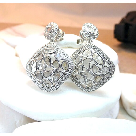Genuine Rose Cut Diamond Sterling Silver Earrings 1.86CT - Picture 1 of 9